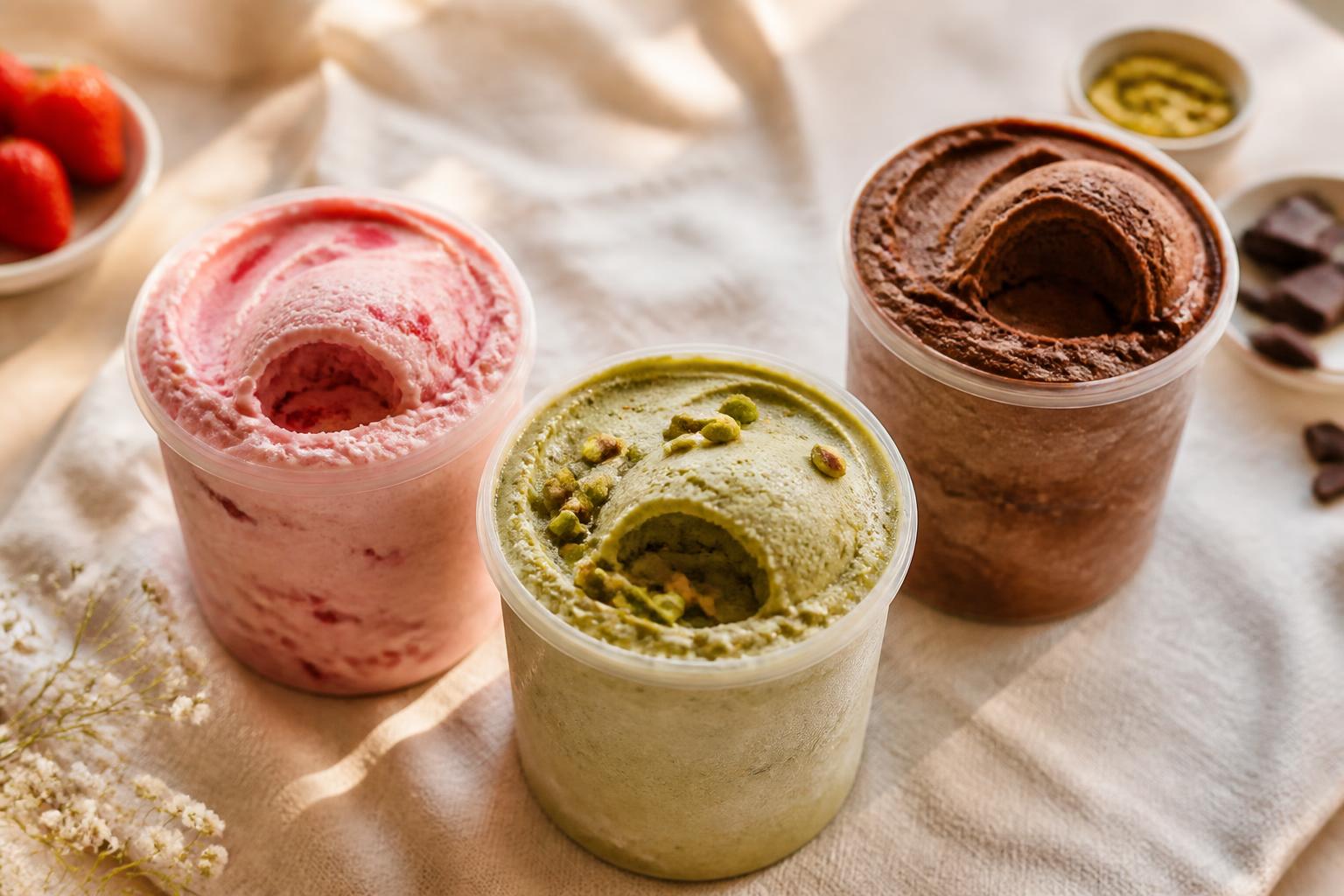 Three Ninja Creami pints — strawberry, pistachio, and dark chocolate — freshly spun
